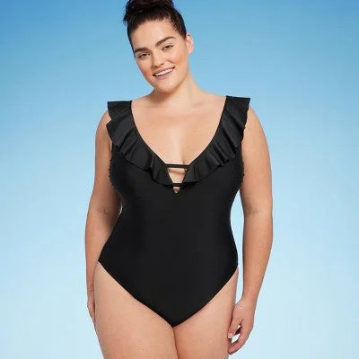New - Shade & Shore Women's Plus Plunge One Piece Swimsuit Ruffle Swimwear Playful Pattern Swimsuit New - Shade & Shore Women's Plus Plunge One Piece Swimsuit Ruffle Swimwear Playful Pattern Swimsuit