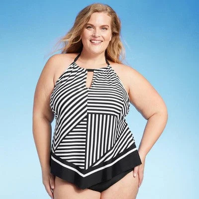 New - Women's Striped High Neck Keyhole Tankini Top - Kona Sol Black 1X Soft Beachwear Set New - Women's Striped High Neck Keyhole Tankini Top - Kona Sol Black 1X Soft Beachwear Set