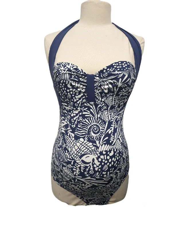 Pez D'or Maternity Navy Sealife One Piece Swimsuit Retail $95 NWT Ruched Swimwear Set