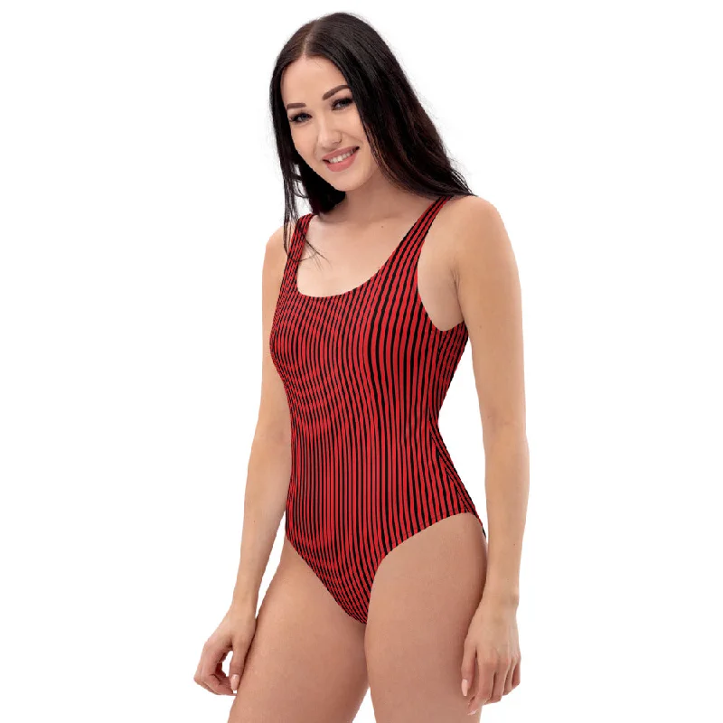Red Striped Women's Swimwear, Modern Designer One-Piece Swimsuit- Made in USA/EU Sleek Mesh Bikini Red Striped Women's Swimwear, Modern Designer One-Piece Swimsuit- Made in USA/EU Sleek Mesh Bikini