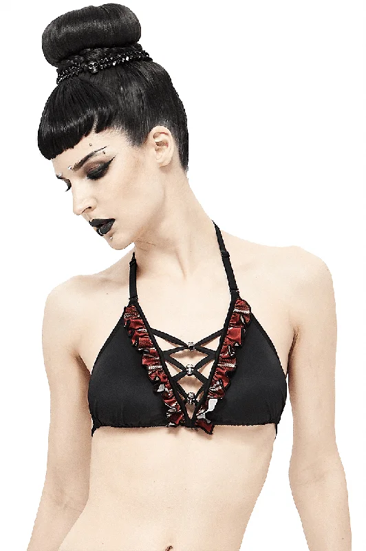 Sexy Women's Grunge Bikini Top / Female Black & Red Plaid Swimsuit Top With Skull Pendants Swimsuit with Skirt Sexy Women's Grunge Bikini Top / Female Black & Red Plaid Swimsuit Top With Skull Pendants Swimsuit with Skirt