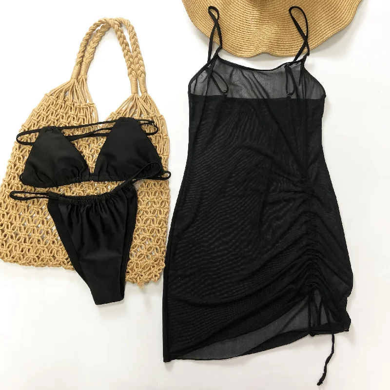 Women Swimsuit Beach Sun Protection Clothing Mesh Beach Cover up Bikini Three Piece Adjustable Swim Top