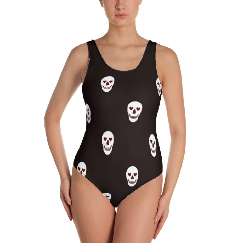 Women's Black Skull Heart Eyes One-Piece Swimsuit Push-Up Swimsuit Top