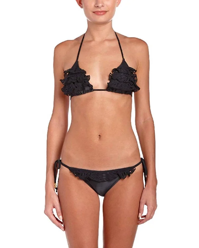 Women's Teeny Lace Diva Ruffle Tie Side Strap Bikini Bottom Swimsuit In Black Reversible Bikini Set Women's Teeny Lace Diva Ruffle Tie Side Strap Bikini Bottom Swimsuit In Black Reversible Bikini Set