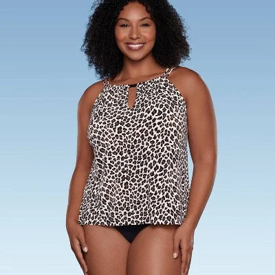 New - Women's UPF 50 High Neck Keyhole Tankini Top - Aqua Green Multi Animal Print L Elegant Swim Dress New - Women's UPF 50 High Neck Keyhole Tankini Top - Aqua Green Multi Animal Print L Elegant Swim Dress