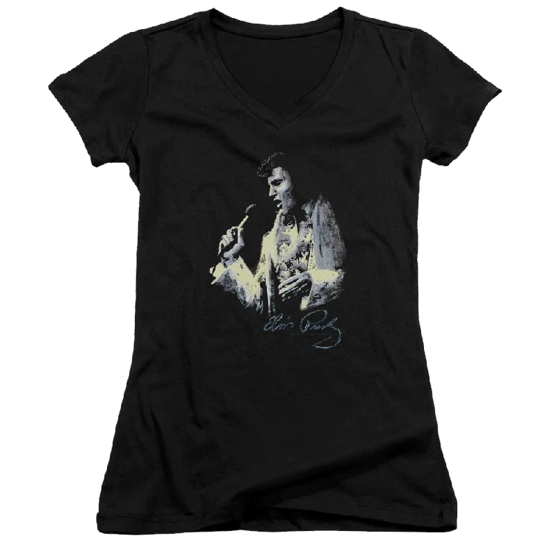 Elvis Presley Painted King - Juniors V-Neck T-Shirt-- Notch Collar Peter Pan Collar Cowl Neck Elvis Presley Painted King - Juniors V-Neck T-Shirt-- Notch Collar Peter Pan Collar Cowl Neck