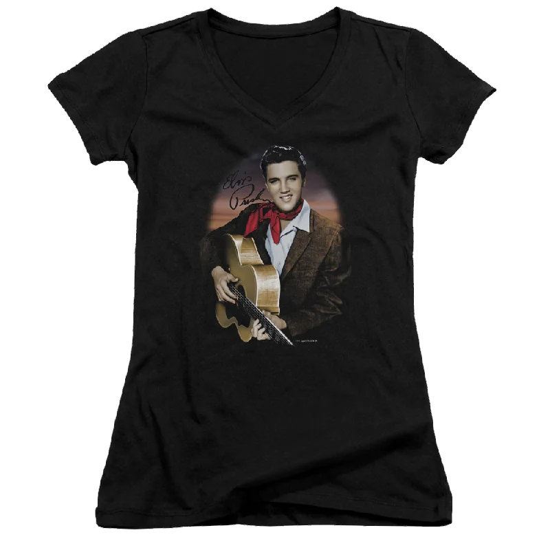 Elvis Presley Red Scarf #2 - Juniors V-Neck T-Shirt-- Iron Safe Non-Iron Wrinkle Free Elvis Presley Red Scarf #2 - Juniors V-Neck T-Shirt-- Iron Safe Non-Iron Wrinkle Free