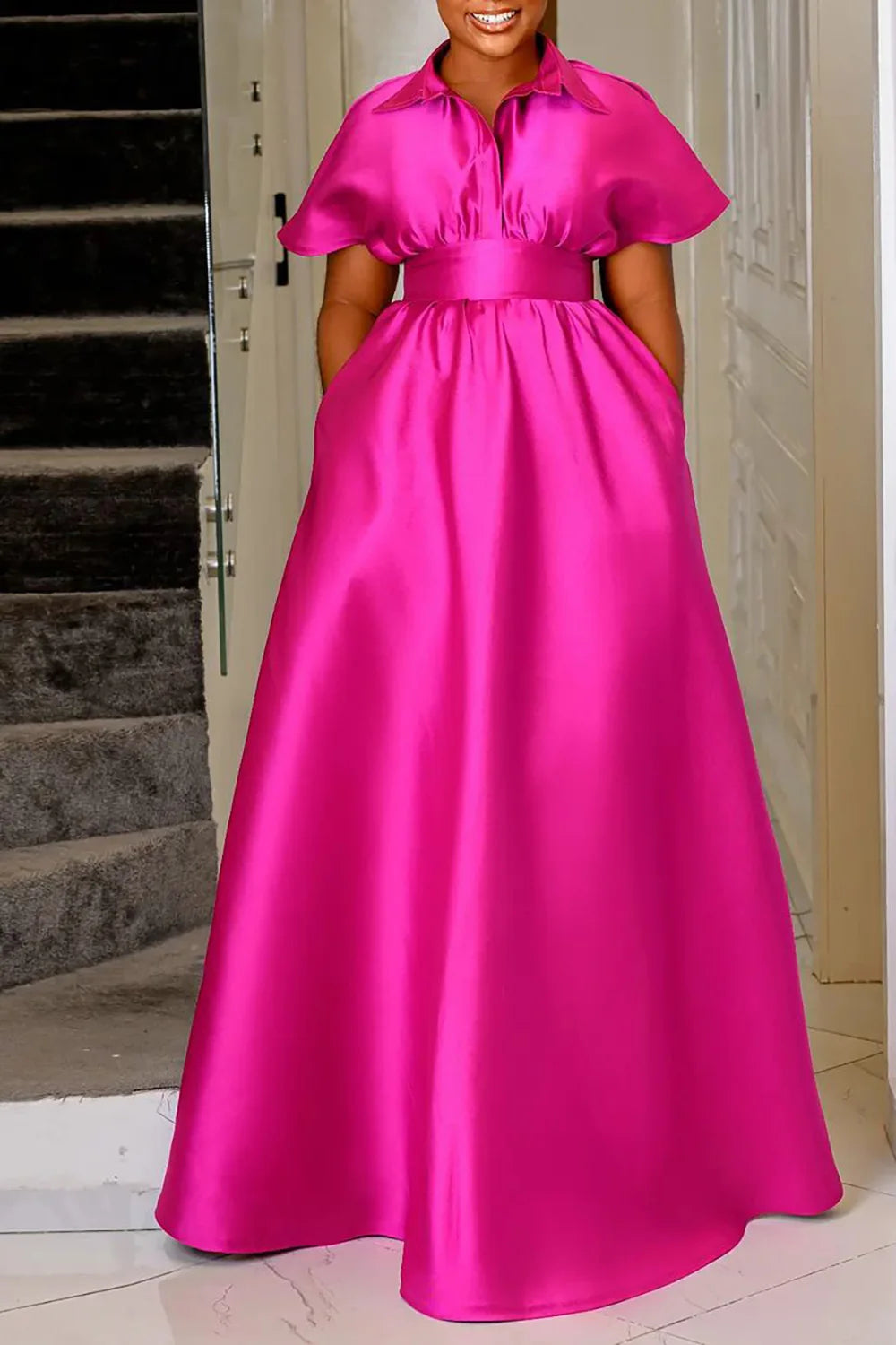 Plus Size Women’s Long Dress Pink Satin Short Sleeve Lapel Maxi Dress With Pocket Cocktail Wedding Guest Evening Party Dresses Mermaid Tail Wedding Plus Size Women’s Long Dress Pink Satin Short Sleeve Lapel Maxi Dress With Pocket Cocktail Wedding Guest Evening Party Dresses Mermaid Tail Wedding